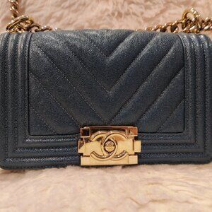 Authentic CHANEL Blue Caviar Leather Quilted Chevron Small Boy Bag